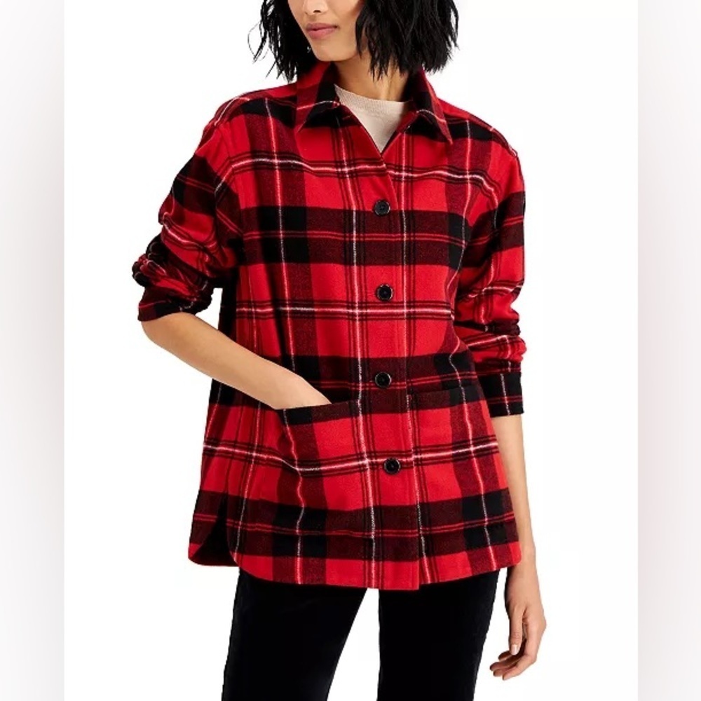 Charter Club Plaid Shirt Red and Black Jacket Shacket Size Medium - Picture 3 of 14